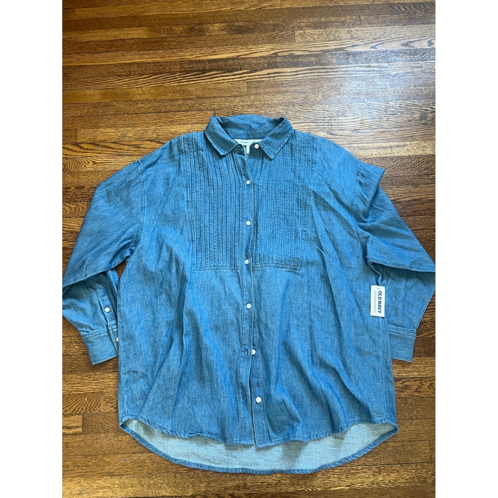 Old Navy The Boyfriend Shirt Denim Pleated Bib Button Down Blue Medium Wash S